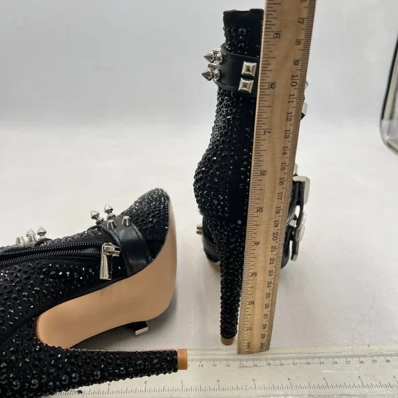 Black Studded Bling Ankle Boot Pointed Toe Crystal Embellished Zipper Shoe - Picture 4 of 7
